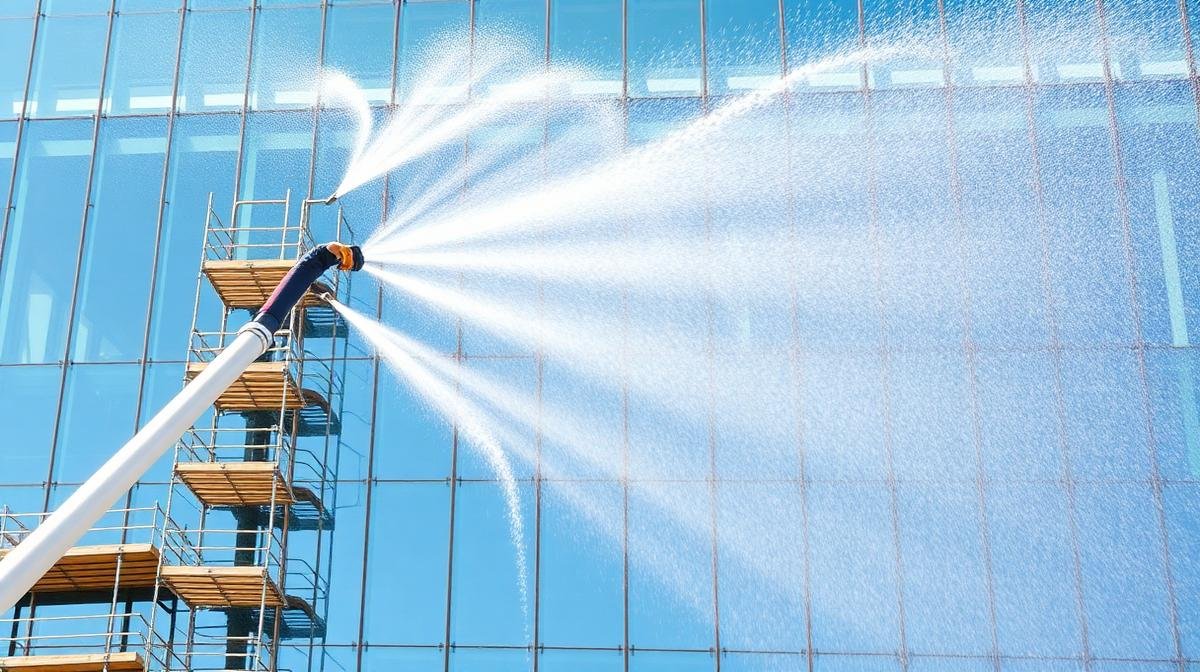 تنظيف واجهة مبنى زجاجي حديث بالضغط العالي