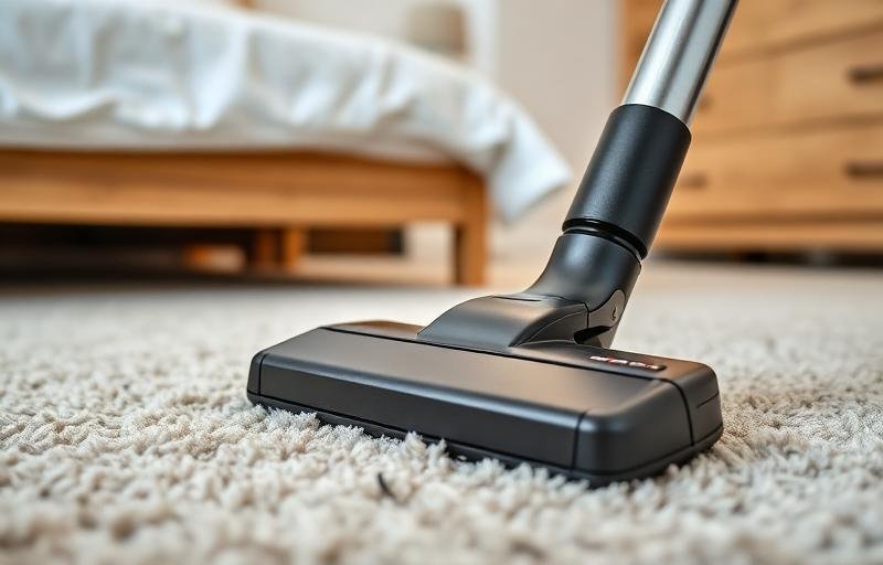 تنظيف سجاد غرفة النوم بالمكنسة الكهربائية لإزالة البراغيث