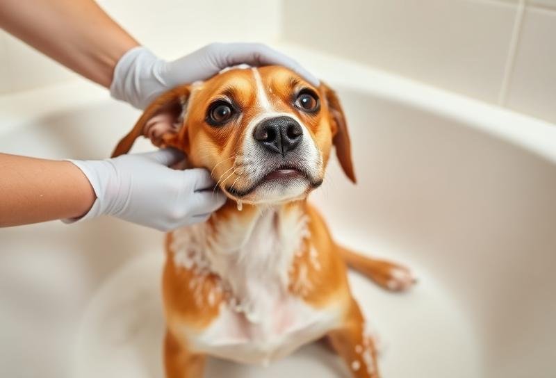 استحمام الكلب بشامبو مضاد للبراغيث مع تدليك الرغوة في الفراء