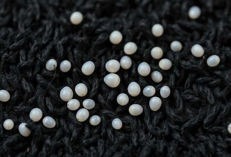 بيض البراغيث المتساقط على ألياف السجاد - صورة مقربة توضح الحجم الدقيق والشكل البيضاوي