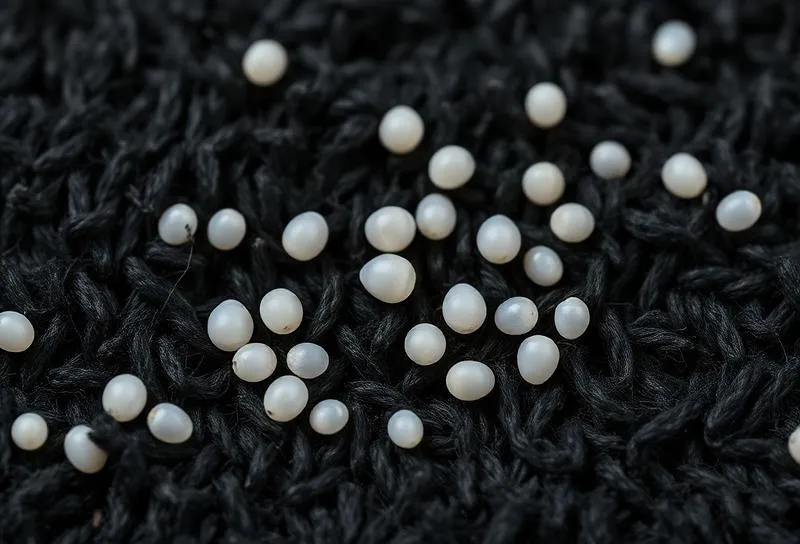 بيض البرغوث بالصور: بيض البراغيث المتساقط على ألياف السجاد - صورة مقربة توضح الحجم الدقيق والشكل البيضاوي