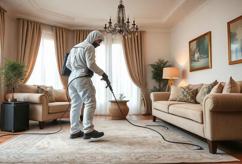 فني مكافحة حشرات يرش السجاد بمبيدات متخصصة ومنظمات نمو في منزل بمكة
