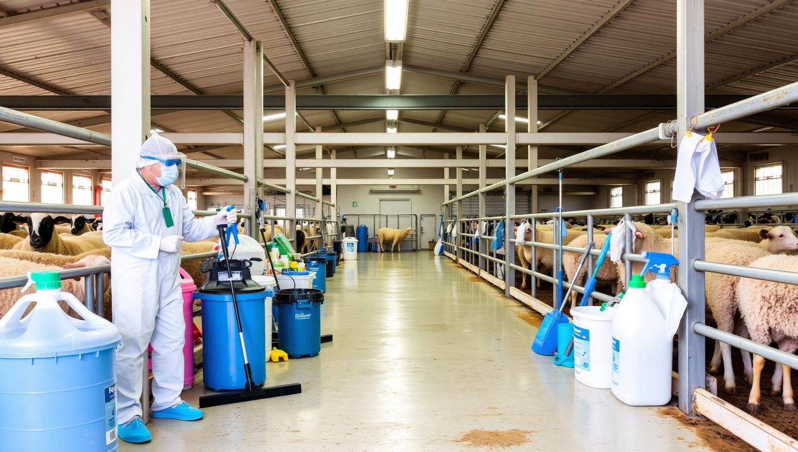 حظيرة أغنام نظيفة ومعقمة مع معدات التنظيف والتطهير