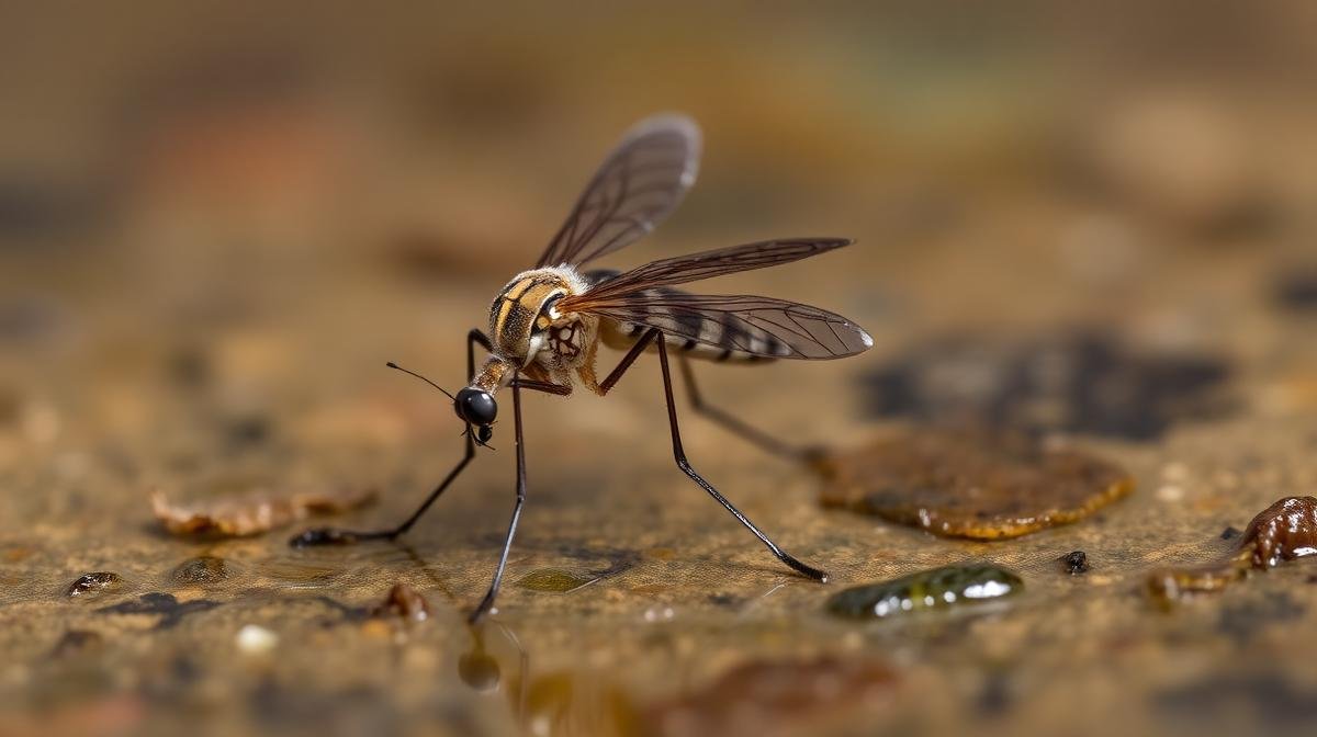 صورة مقربة لبعوضة على سطح الماء بدقة تشريحية