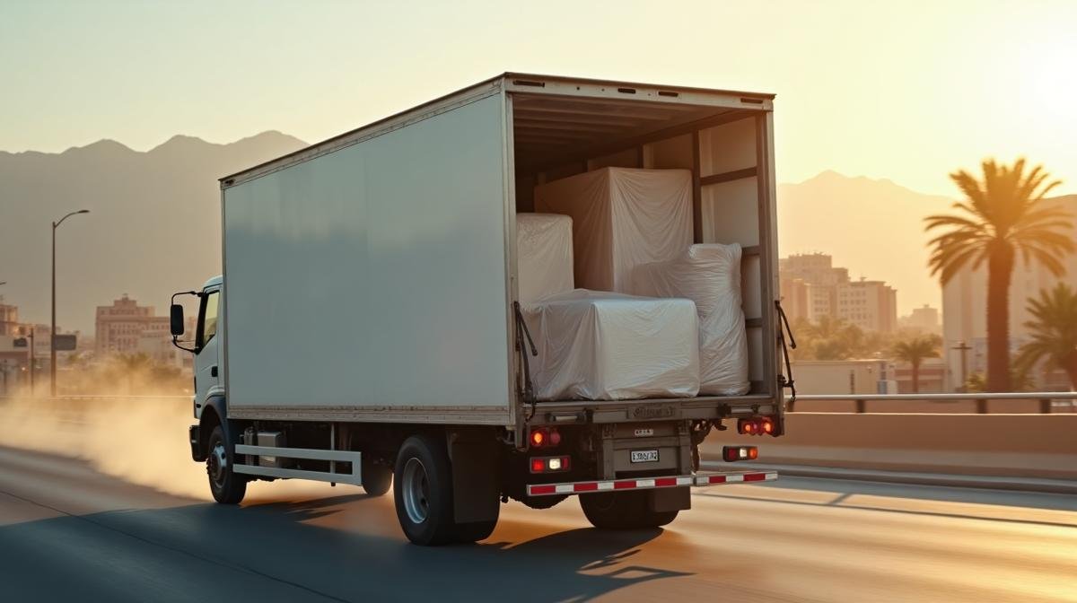 شاحنة نقل أثاث مغلقة محملة بعفش منزلي مغلف في شوارع مكة المكرمة - أسعار نقل العفش
