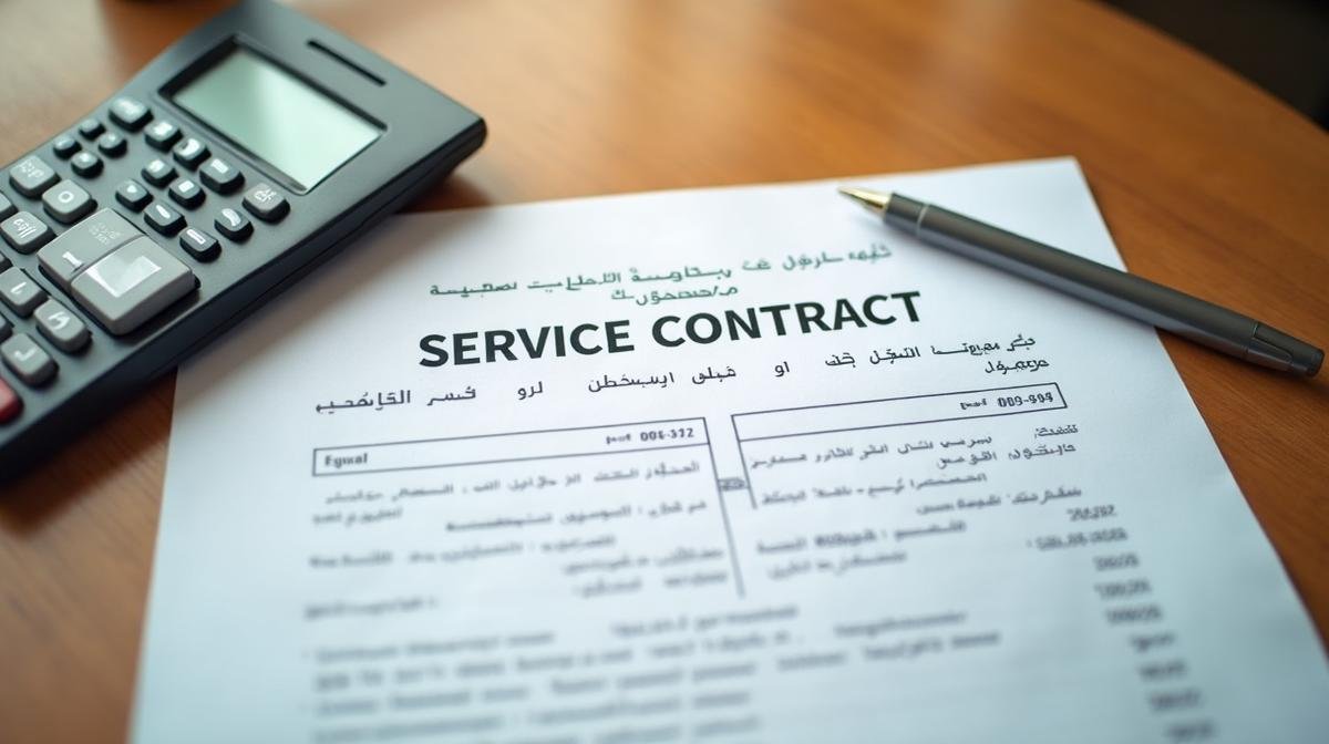 عقد خدمة نقل عفش مع آلة حاسبة وقلم على طاولة مكتب - عروض أسعار نقل الأثاث