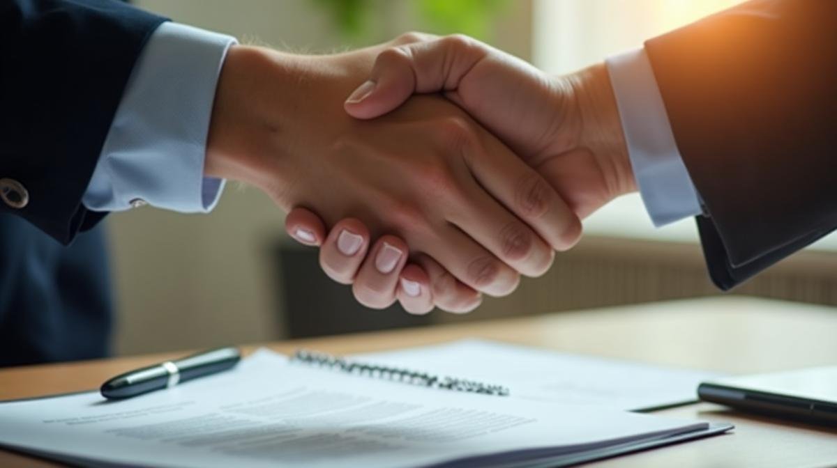 مصافحة مهنية فوق مستندات عقد نقل أثاث - الاتفاق الناجح بين العميل وشركة النقل