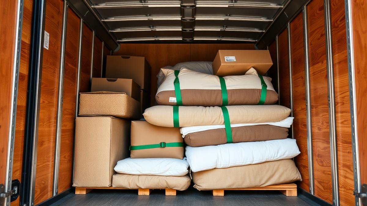 تحميل أثاث منظم داخل شاحنة نقل بأحزمة تثبيت