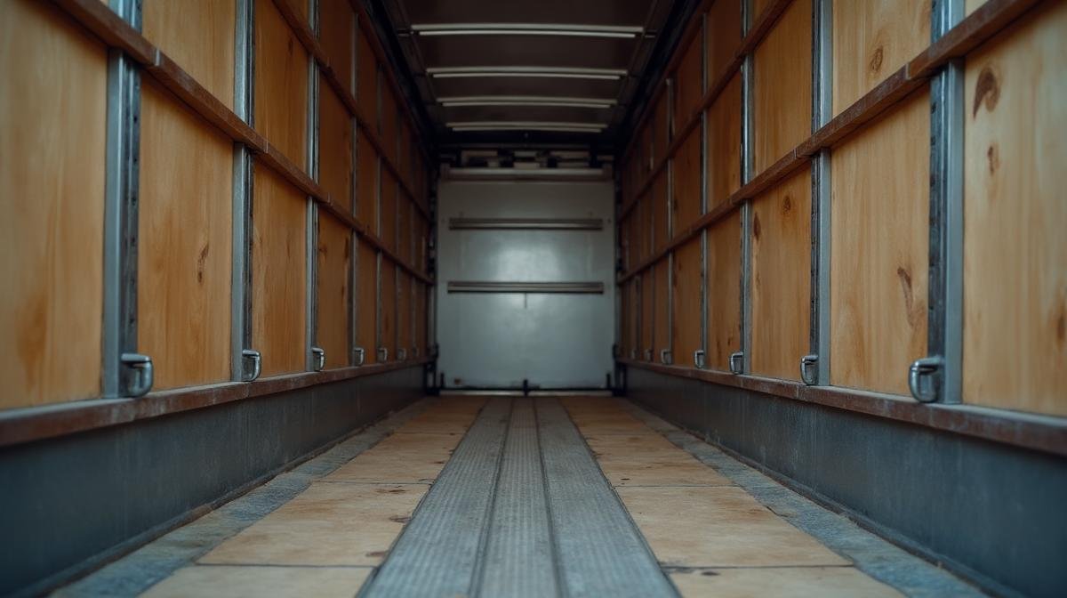 داخل شاحنة نقل أثاث مغلقة مع أحزمة تثبيت وجدران مبطنة لحماية العفش أثناء النقل