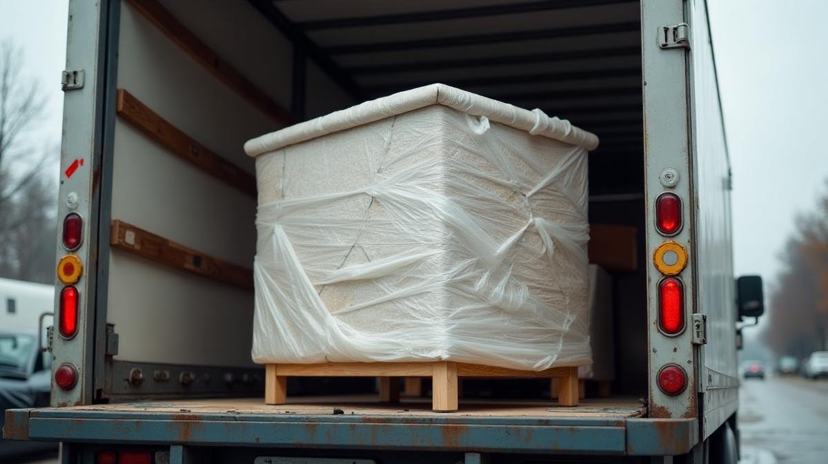 أثاث منزلي مغلف ومحمي يتم تحميله على شاحنة نقل عبر رافعة هيدروليكية