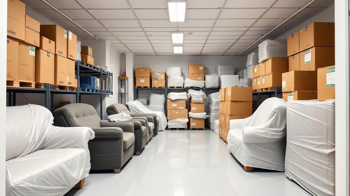 وحدة تخزين منظمة بأثاث مغلف وصناديق مرتبة ومصنفة