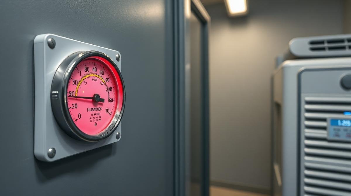 أجهزة قياس الرطوبة والحرارة في غرفة تخزين مع مزيل رطوبة