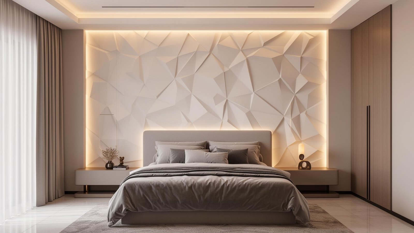 ديكور جبس بورد جداري ثلاثي الأبعاد في غرفة نوم