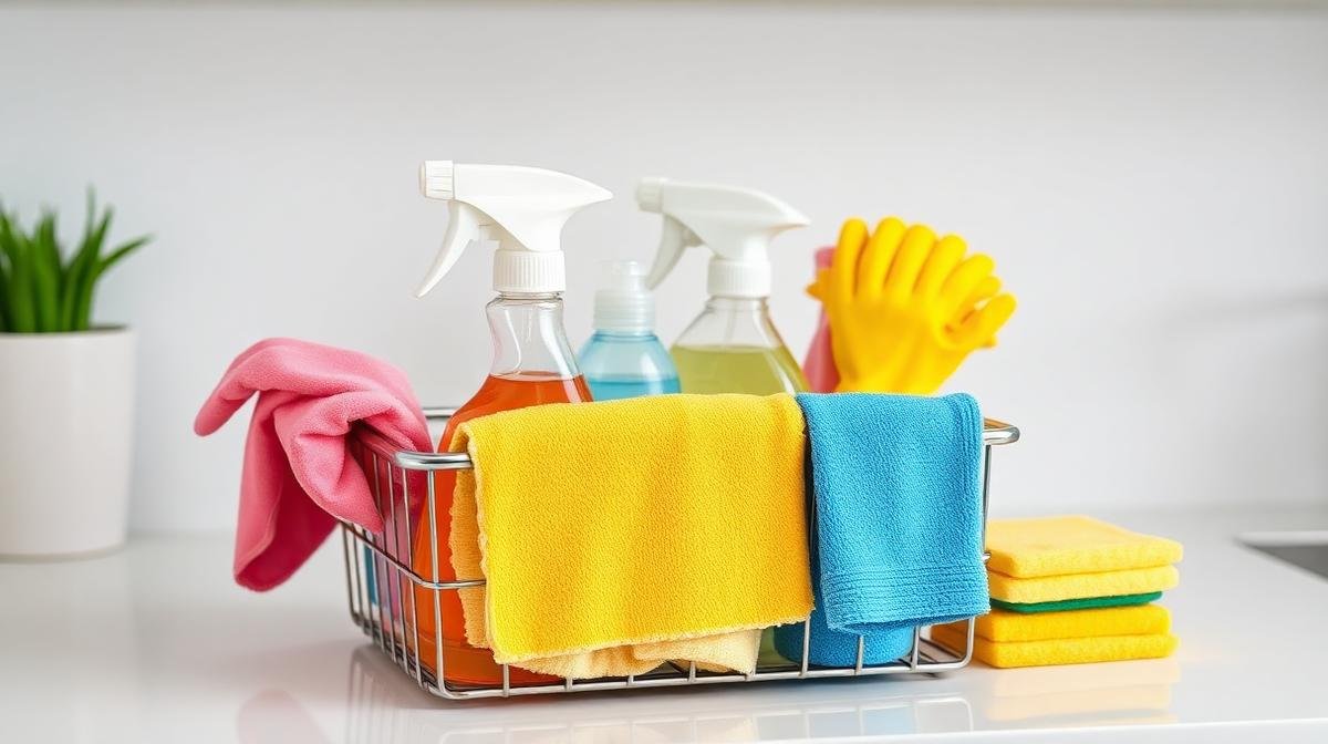 جدول تنظيف البيت - أدوات تنظيف منزلية منظمة في سلة جاهزة للاستخدام