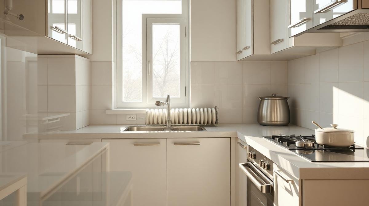 ترتيب وتنظيف البيت - مطبخ نظيف ومرتب بعد إتمام مهام التنظيف اليومية