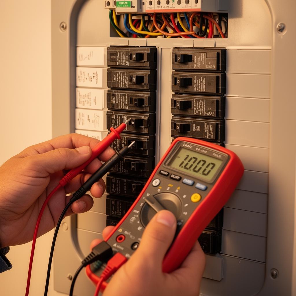 فحص لوحة كهرباء منزلية بأدوات قياس احترافية لتشخيص أعطال الكهرباء
