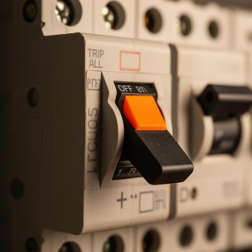 قاطع دائرة كهربائية في وضع القطع - قفلة الكهرباء المنزلية