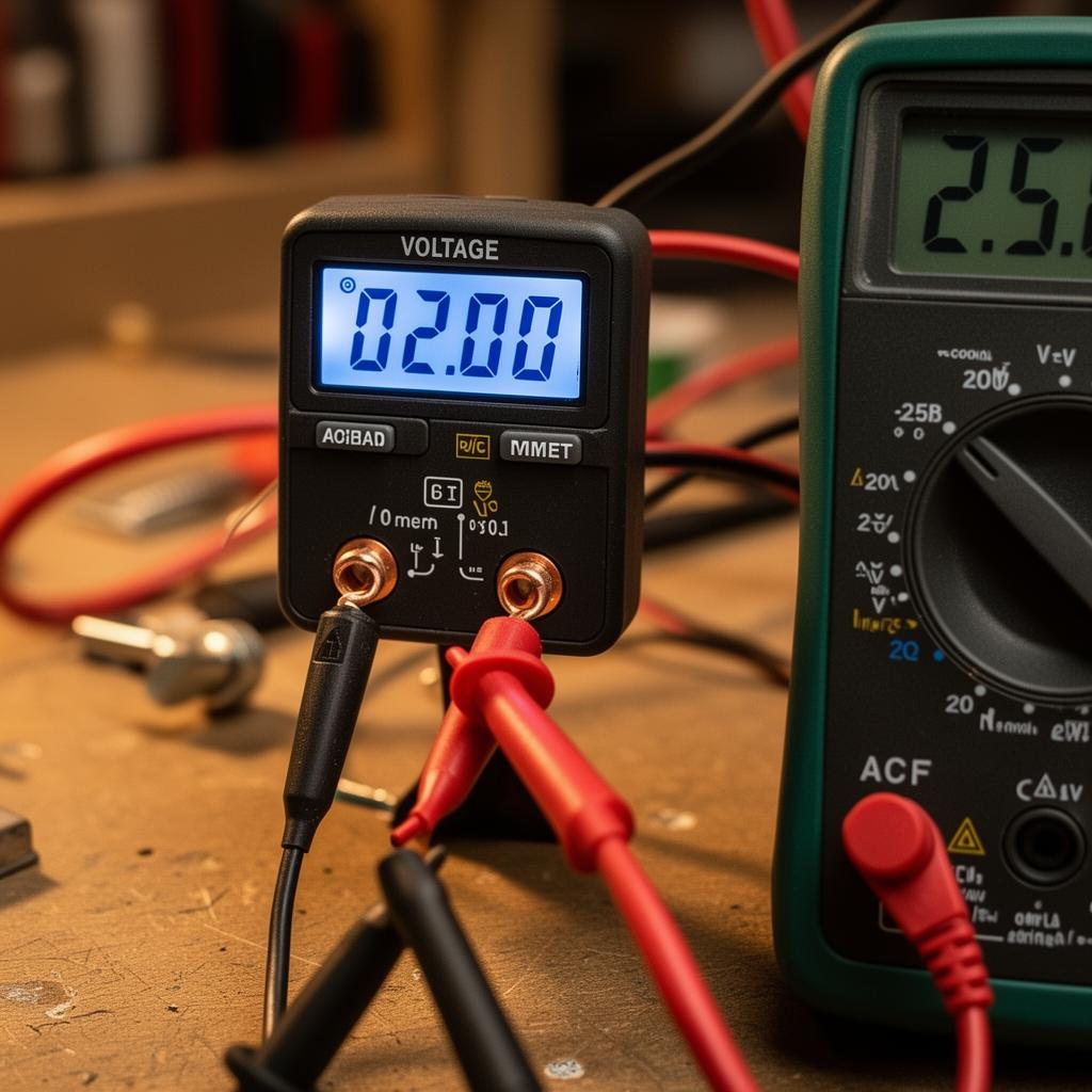 جهاز ملتيميتر رقمي يقيس الجهد الكهربائي لتشخيص تذبذب الكهرباء