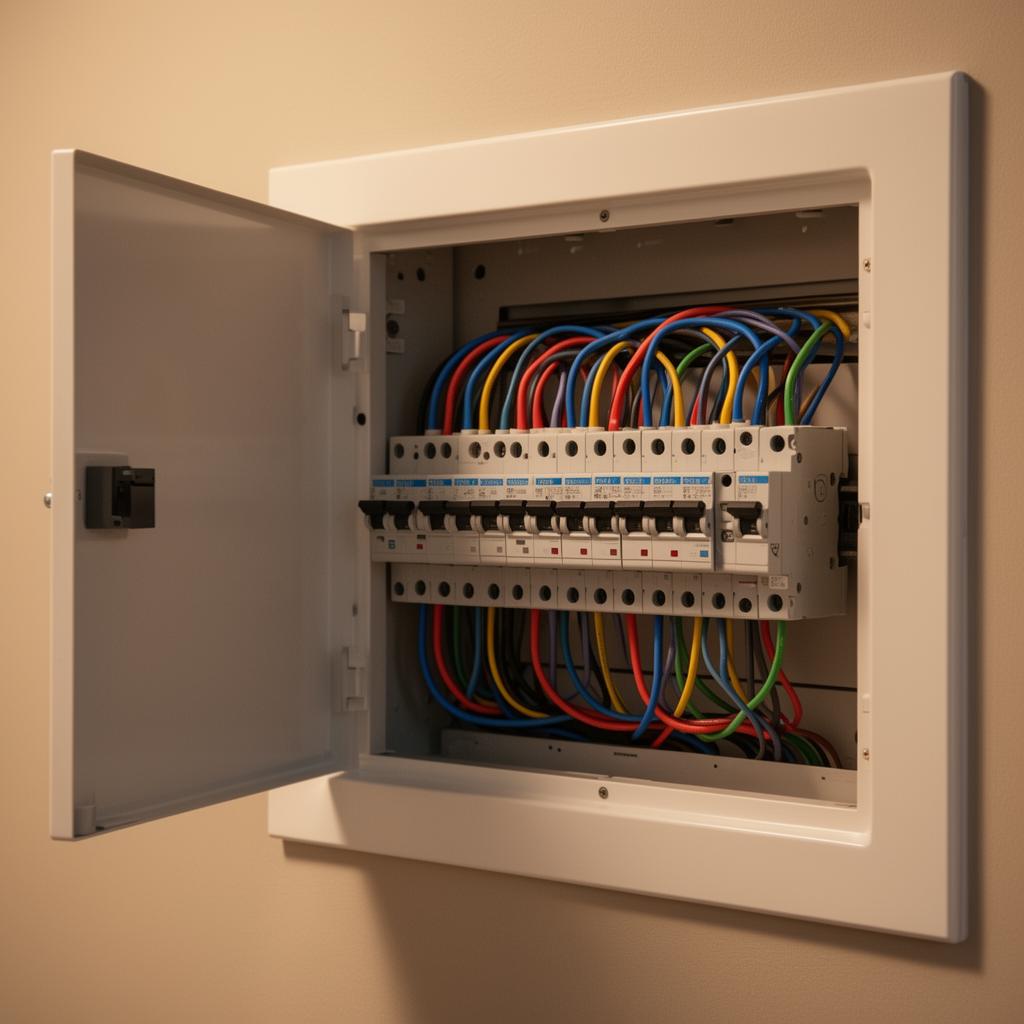 لوحة توزيع كهربائية حديثة مفتوحة تظهر القواطع والتوصيلات المنظمة