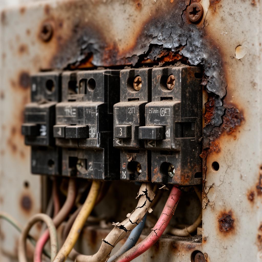 لوحة كهرباء قديمة متآكلة تحتاج استبدال عاجل
