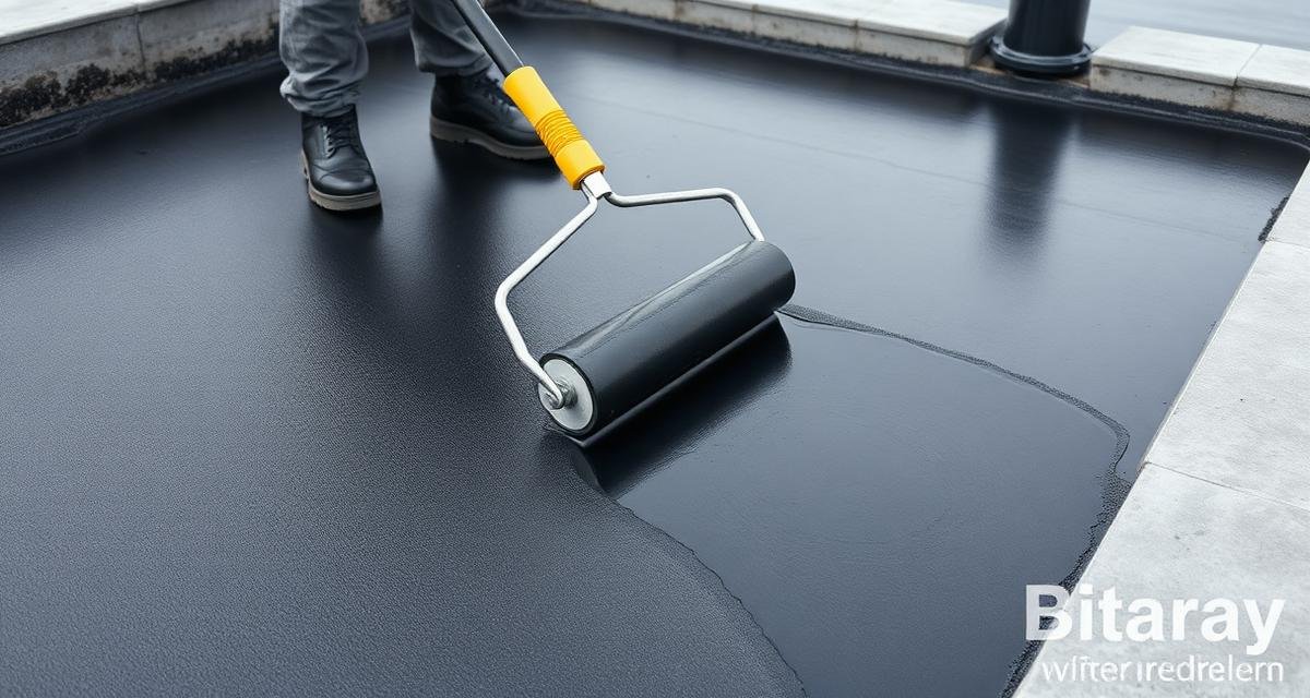 تطبيق طبقة بيتومين سائلة على سطح خرساني بفرشاة رول كبيرة كجزء من عملية عزل الأسطح في مكة