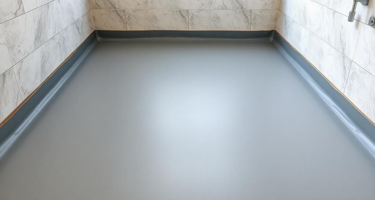 أرضية حمام أثناء تطبيق عزل مائي باللون الرمادي قبل تركيب البلاط