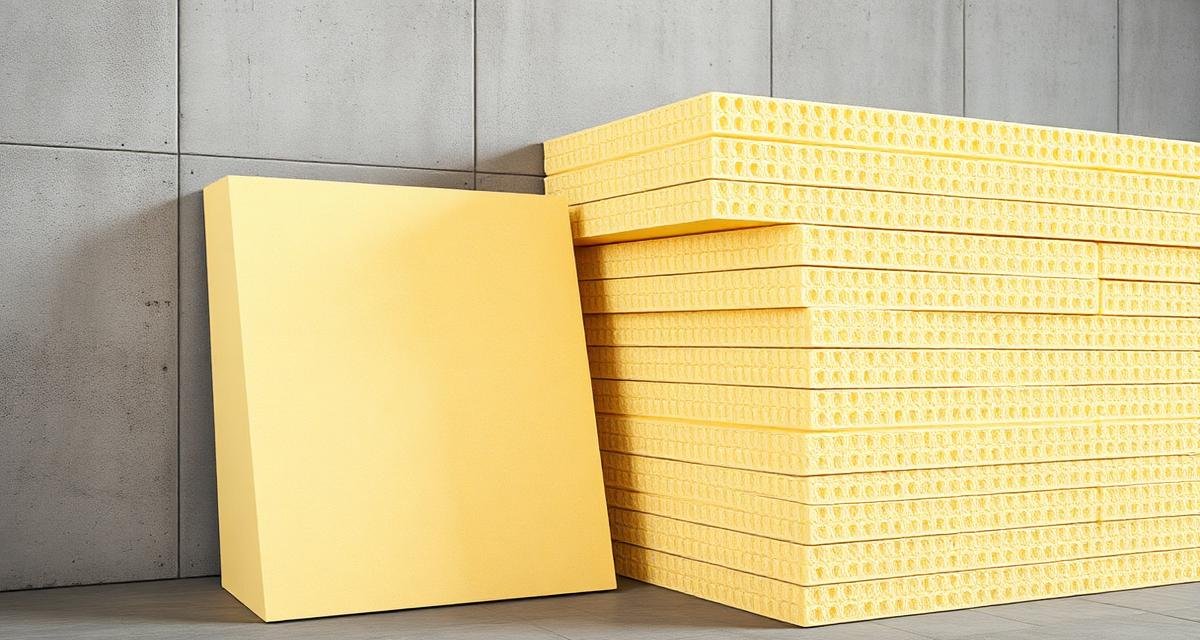 ألواح فوم بولي يوريثان مقطعة ومرصوصة بجانب جدار خرساني لعزل حراري