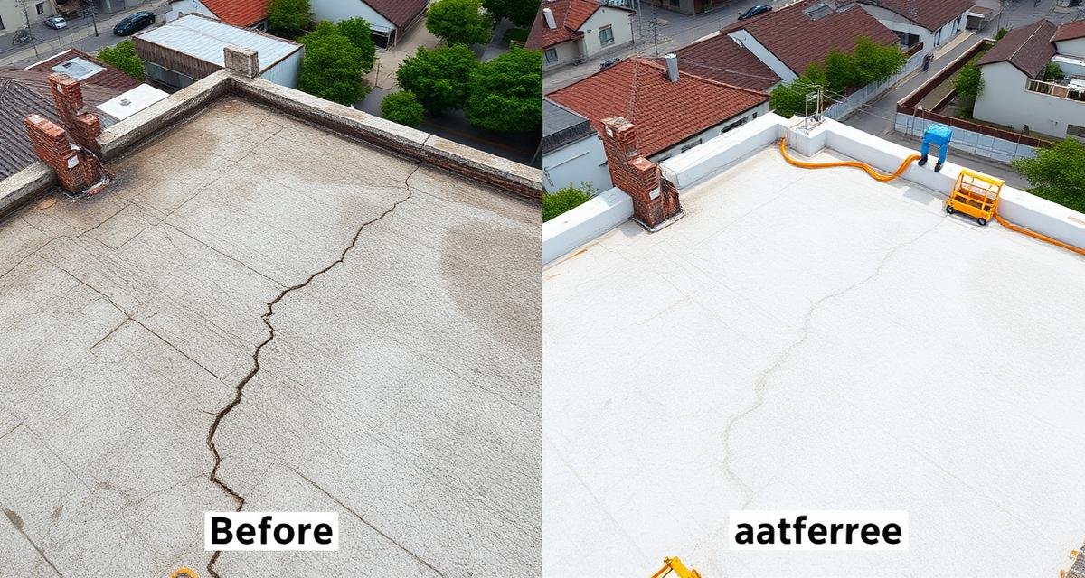 مقارنة بصرية بين سطح قبل العزل يظهر تشققات وسطح بعد العزل أملس ومحمي