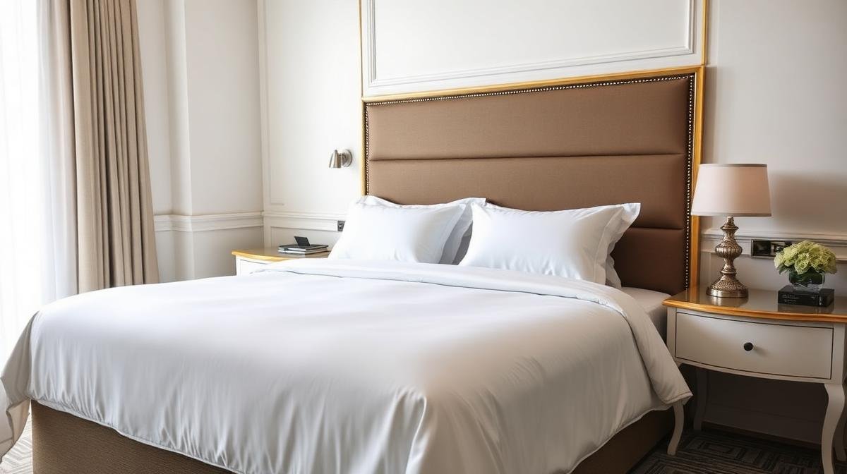 غرفة فندقية نظيفة بمفروشات بيضاء ناصعة وترتيب مثالي