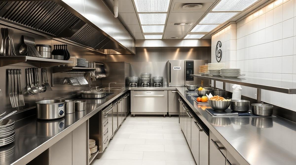 مطبخ فندقي احترافي بأسطح ستانلس ستيل نظيفة ومعدات منظمة
