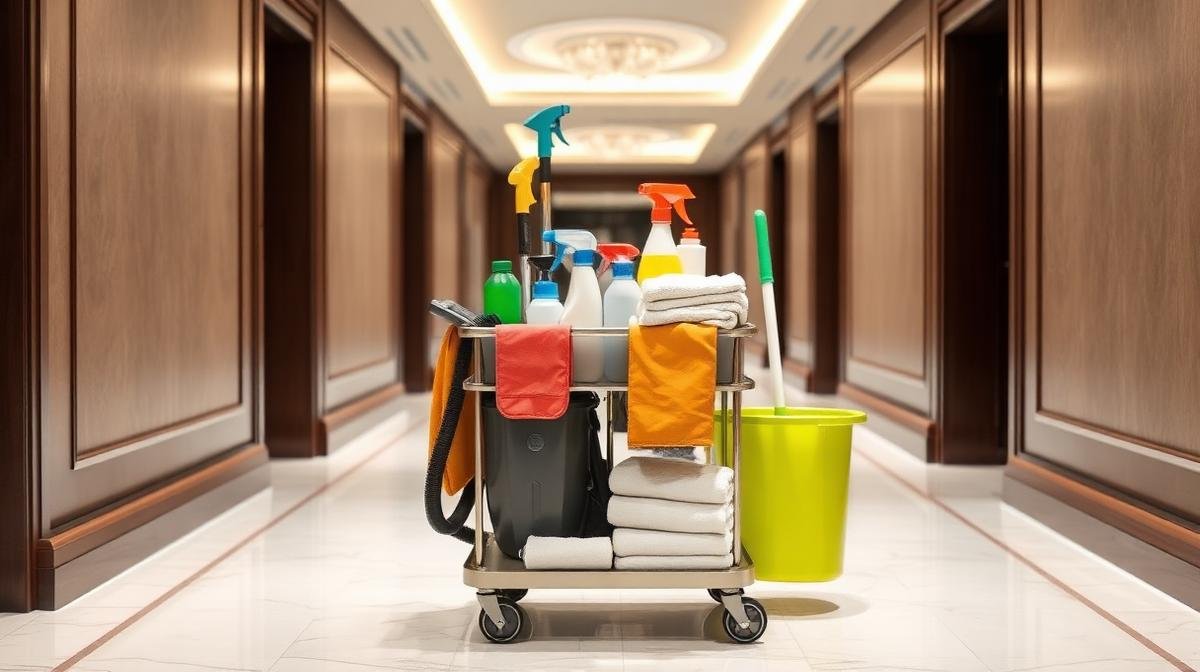 عربة مستلزمات التنظيف الاحترافية في ممر فندقي