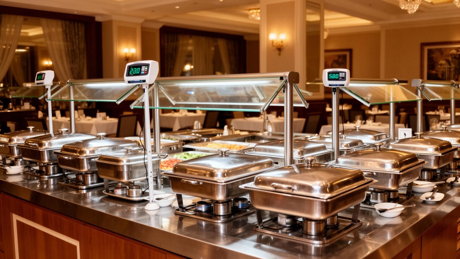 بوفيه فندقي مع معدات مراقبة درجة الحرارة وحواجز العطس