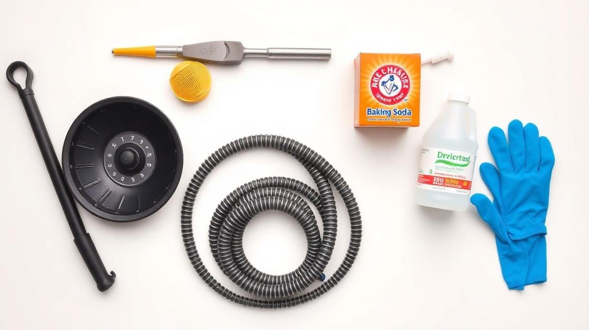 أدوات تسليك المجاري المنزلية - سلك تسليك وبيكربونات الصوديوم والخل وقفازات مطاطية