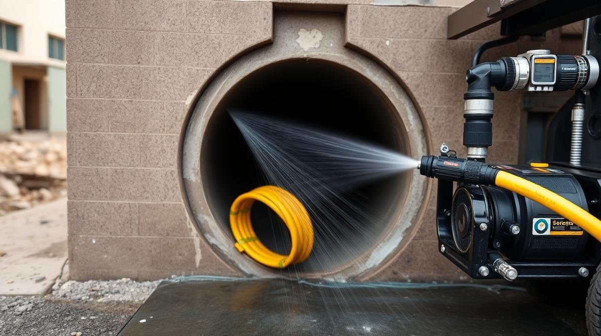 ماكينة تسليك مجاري بالضغط العالي متصلة بفتحة مجاري في منطقة سكنية بمكة