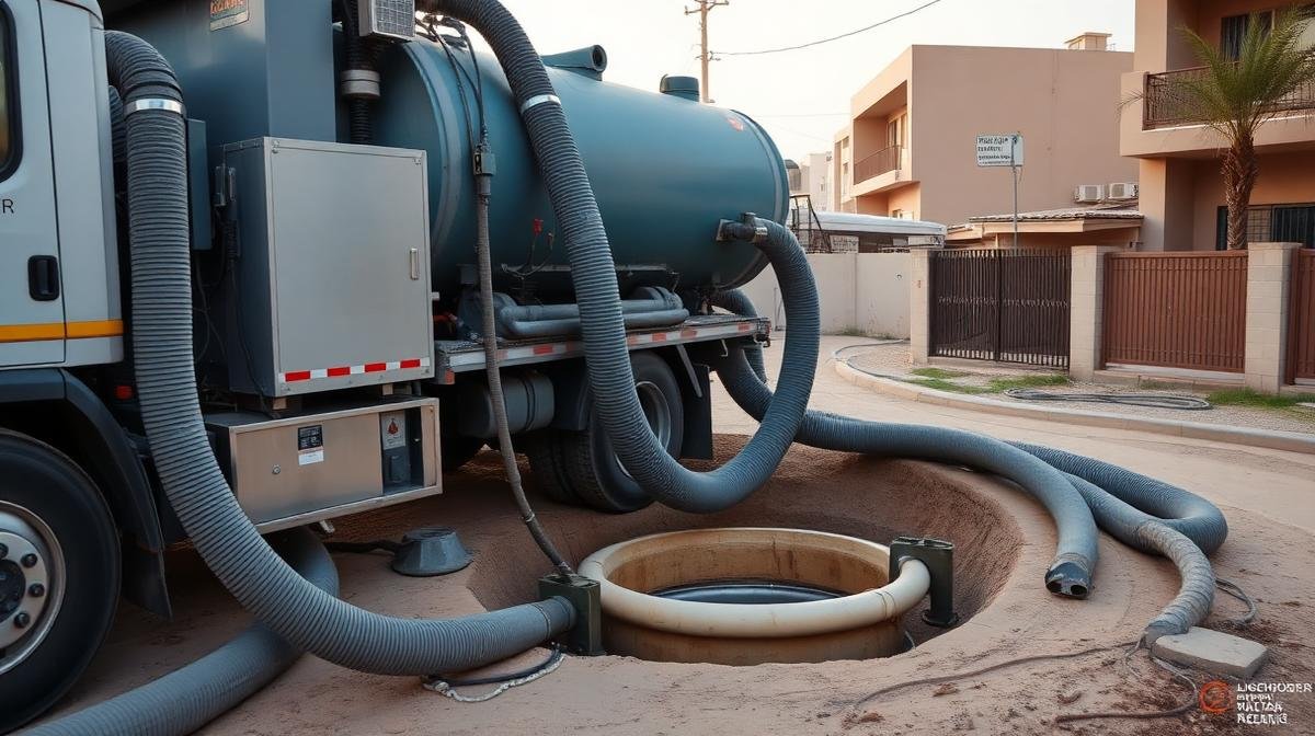 سيارة شفط بيارات متصلة بخراطيم أثناء عملية التنظيف الاحترافي