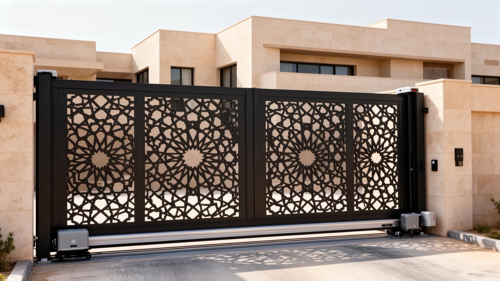 بوابة حديد أتوماتيكية لفيلا سعودية حديثة