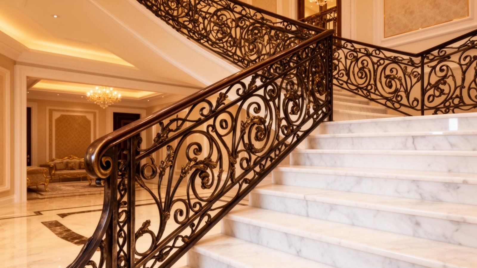 درابزين حديد مزخرف على درج رخامي