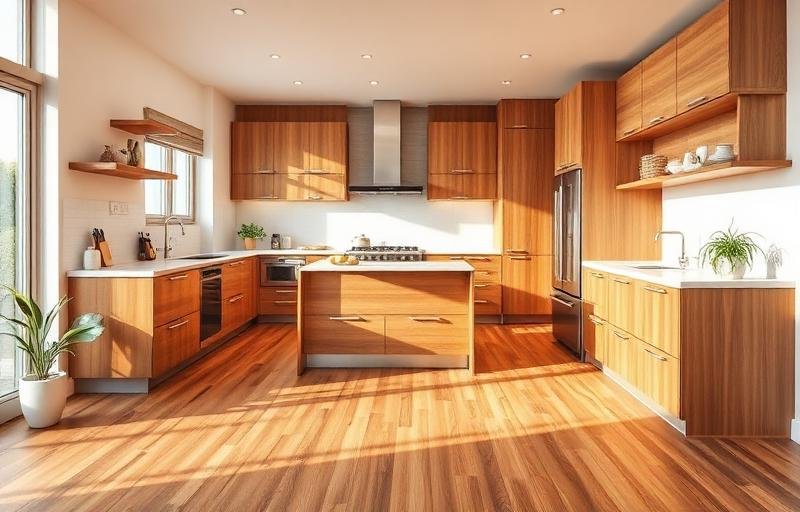 مطبخ حديث بأرضية سيراميك بنقشة خشب