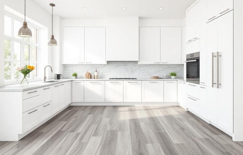 مطبخ عصري بأرضية فينيل رمادية فاخرة