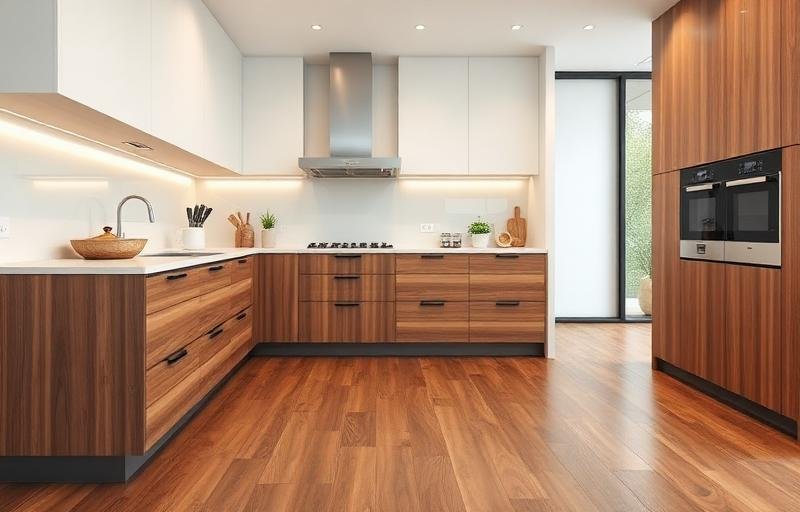 مطبخ بأرضية SPC بلون الجوز الدافئ