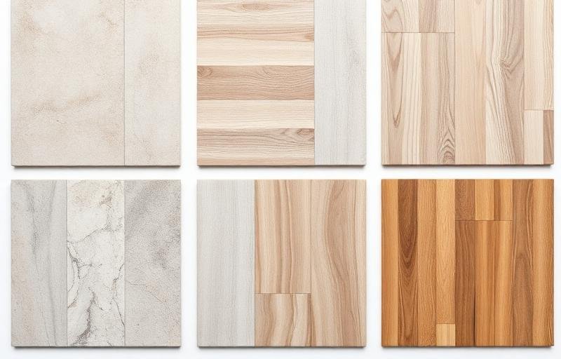 مقارنة بصرية بين عينات أرضيات مختلفة للمطابخ