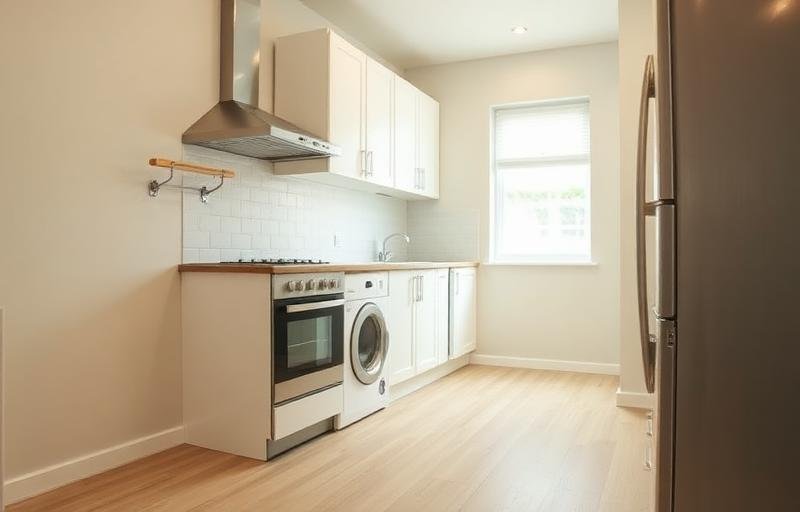 مطبخ صغير بأرضية فاتحة للتوسيع البصري