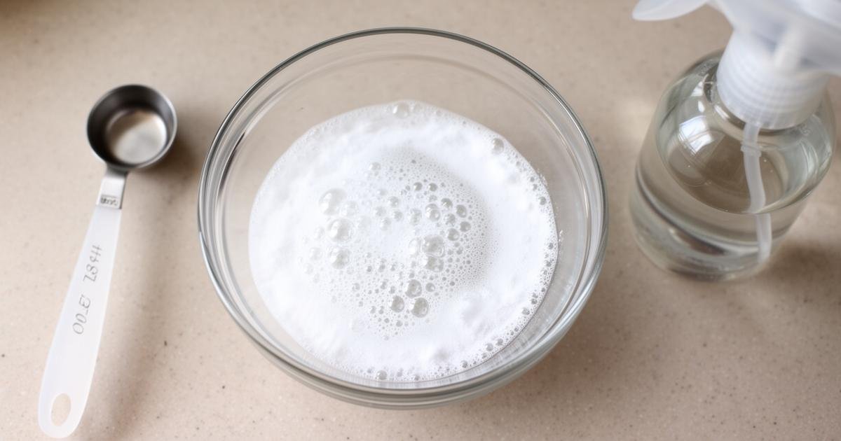 خلطة تنظيف الكنب من بيكربونات الصوديوم والخل الأبيض في وعاء زجاجي