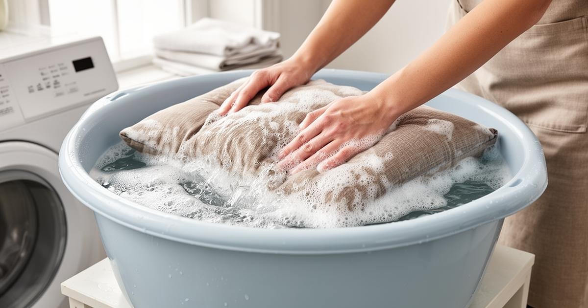 تنظيف وسائد الكنب المنفصلة يدوياً بالنقع في ماء صابوني