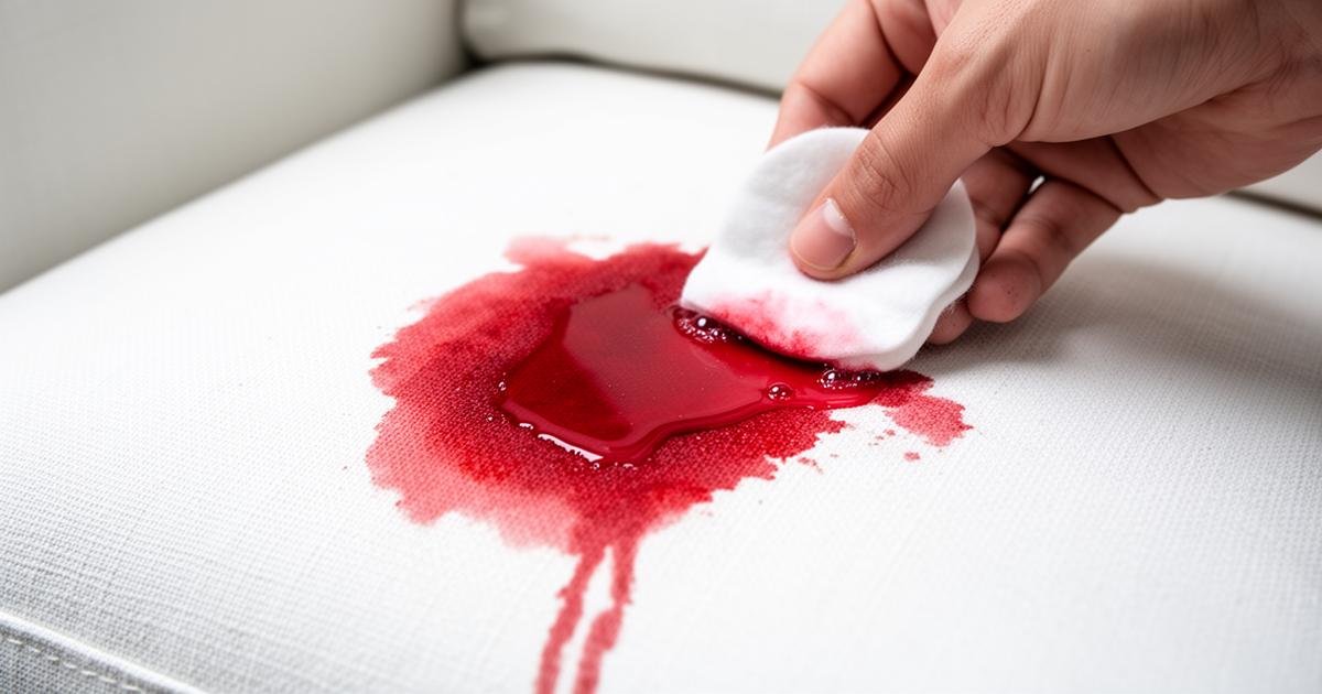 إزالة بقعة دم من كنب أبيض باستخدام ماء أكسجين وقطعة قطن