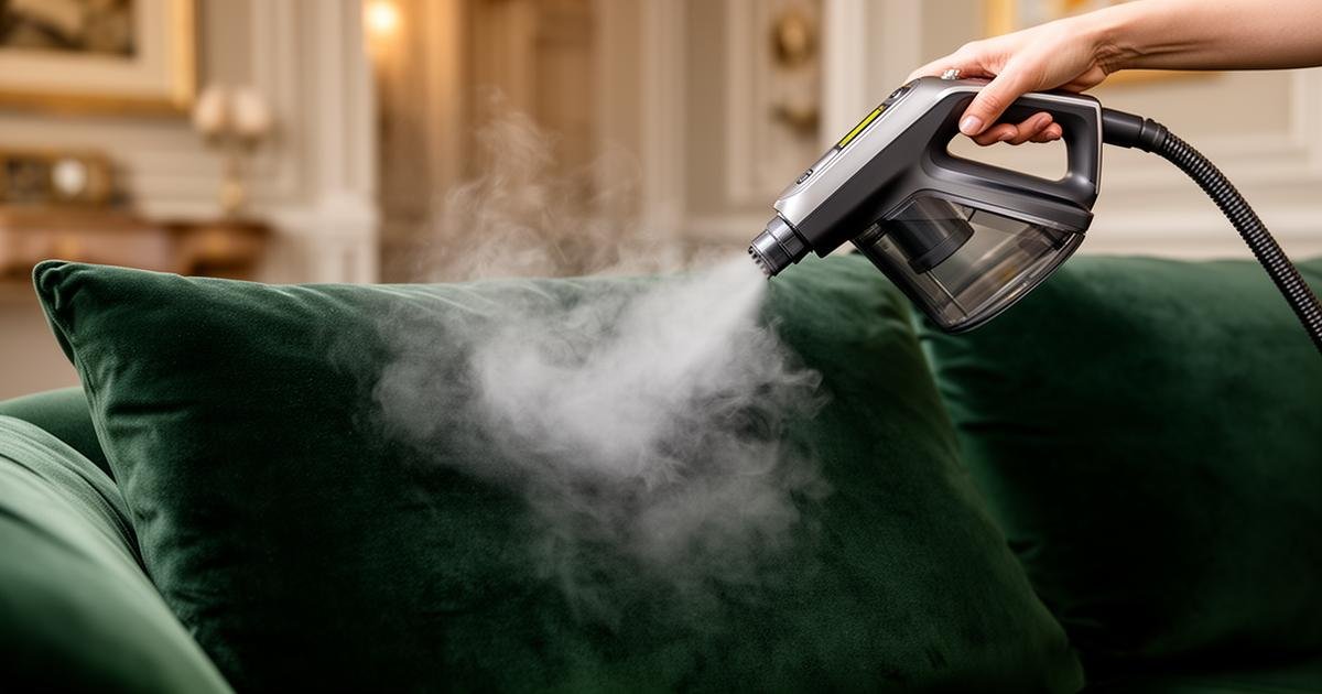 تنظيف الكنب المخمل بالبخار الساخن لإزالة البقع والروائح من كنب مخمل أخضر