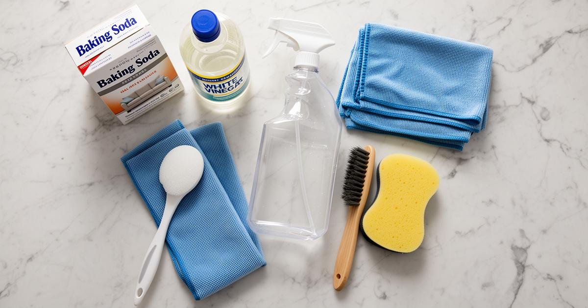 أدوات تنظيف الكنب يدوياً: بيكربونات الصوديوم والخل الأبيض وفرشاة ناعمة ورذاذ منظف