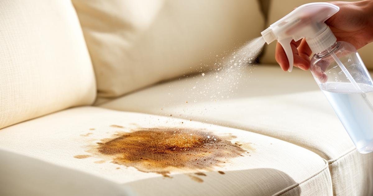 طريقة تنظيف الكنب الفاتح من البقع باستخدام رذاذ منظف على بقعة قهوة