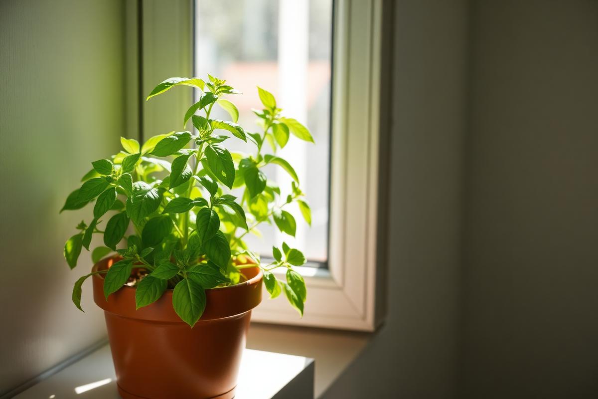 نبتة ريحان طازجة في أصيص على حافة النافذة كنبات طارد للناموس