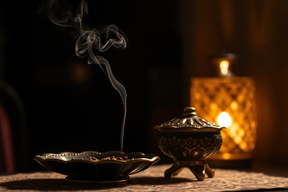 بخور عربي تقليدي مشتعل في مبخرة مع تصاعد دخان خفيف لطرد الناموس